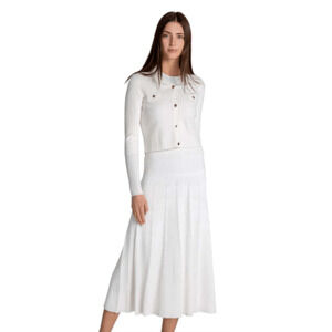 MUN ENGINEER RIB SKIRT IVORY Midi pull on pleated classic modest womens XS NWT